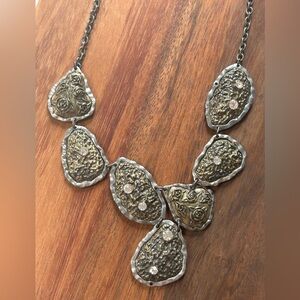 Artisan Style Mixed Metal Necklace Panel Rhinestone Flower Roses Statement